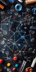 chalkboard filled with complex chemistry equations and molecular diagrams