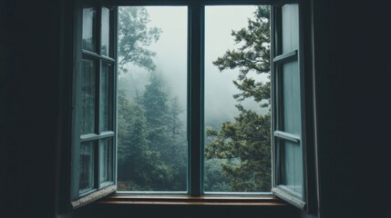 Tranquil View of Foggy Forest Through Open Window Pane