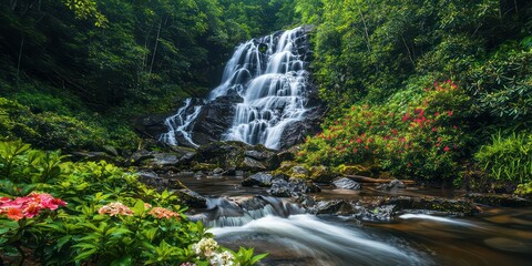 A cascading waterfall surrounded by lush greenery and colorful flowers.