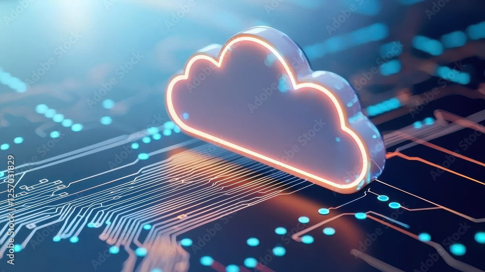 Poster cloud computing technology concept with glowing cloud symbol on circuit board, representing digital 