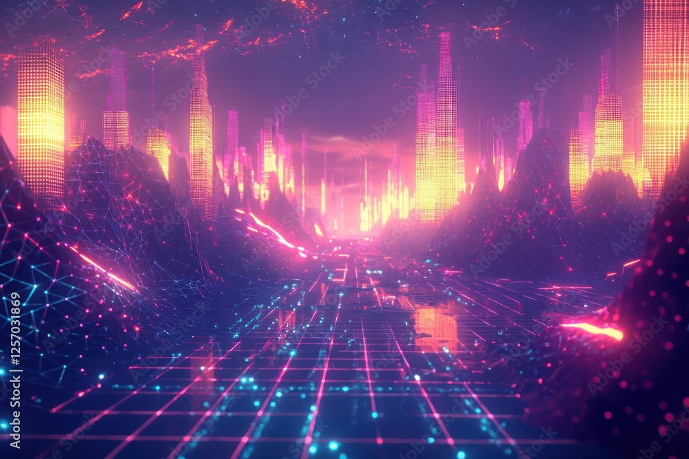 Poster cyber grid pulsating with digital currents , glowing polygonal landscape displaying futuristic tech.
