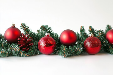 Christmas garland with red baubles, berries, and pine cones, snowy pine branches, festive winter...