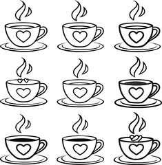 Nine Charming Coffee Cups with Hearts, Steam, and Love