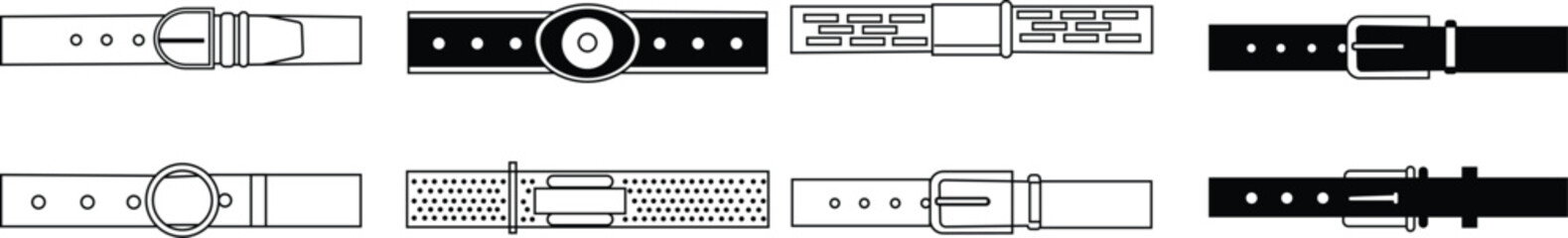 Belt Icon set, Leather belt icons vector graphic designs elements, Casual Wear Creases on Belt Indicate a Fatter Waistline Obesity Concept on transparent background, Haberdashery strapping accessories