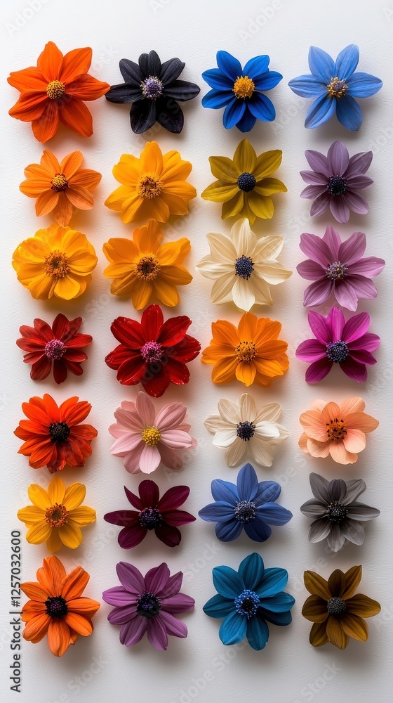 Poster collection of bright minimalistic flowers in various colors arranged in grid pattern on white backgr