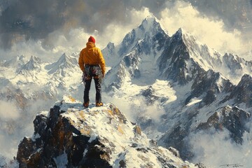 Climber on Rocky Mountain Path in Yellow Jacket and Red Beanie Against Snowy Peaks