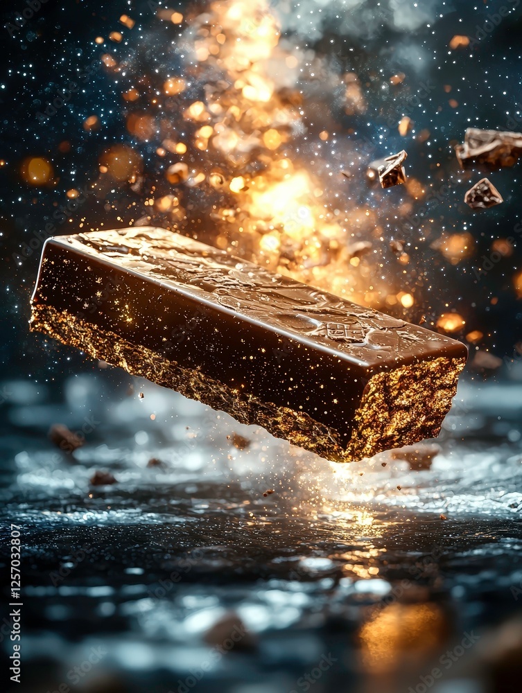 Poster cosmic chocolate bar floats in vastness of space, surrounded by shimmering golden particles and frag