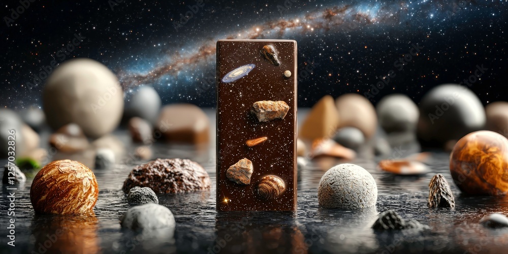 Poster cosmic chocolate bar floats vastness of space, surrounded by planets and stars, creating surreal and imaginative scene. chocolate bar features embedded celestial objects, adding to whimsical