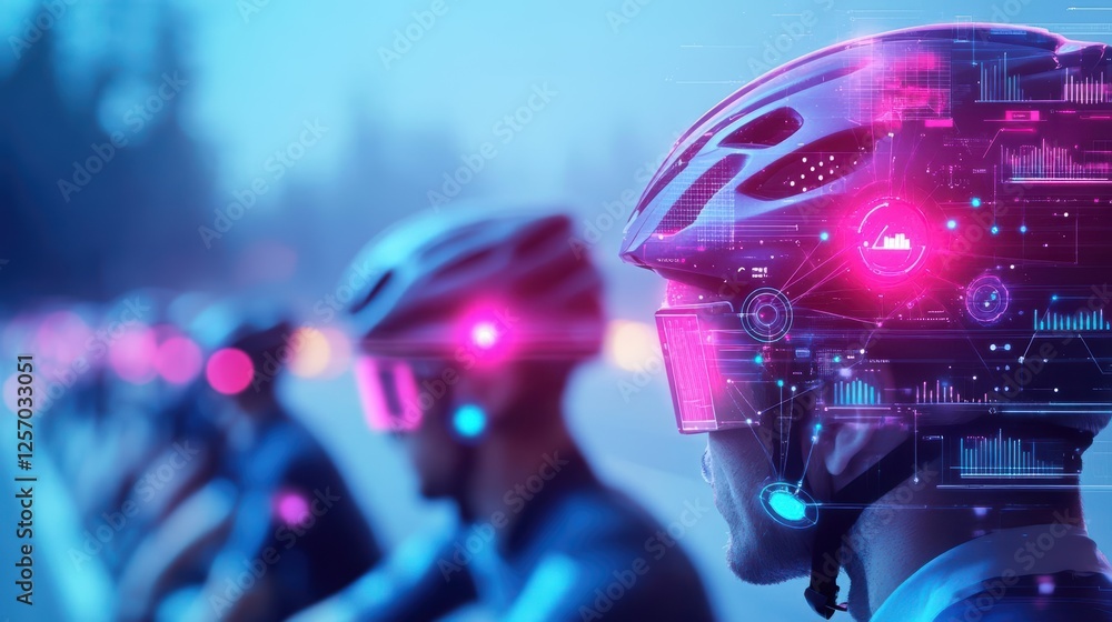 Poster Man wearing helmet with futuristic interface displaying virtual information and technology elements