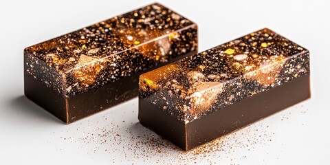 Two cosmic chocolate bars with gold and deep art design on white background. bars are adorned with shimmering gold specks, creating luxurious and artistic appearance
