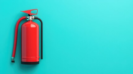 Fototapeta premium A bright red fire extinguisher positioned against a teal background, emphasizing safety equipment and emergency preparedness.