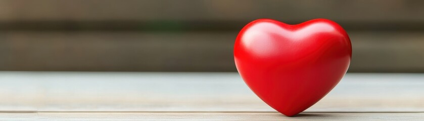 Fototapeta premium A glossy red heart rests on a wooden surface, symbolizing love and affection in a simple yet striking composition.