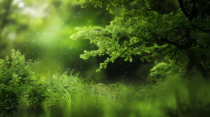 Obraz premium Scenic green landscape with trees, and a glowing sun, perfect for backgrounds.