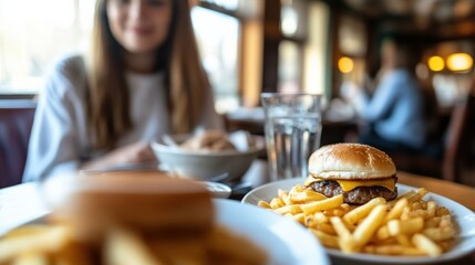 Enjoying a Delicious Hamburger with Crispy Fries and Drink