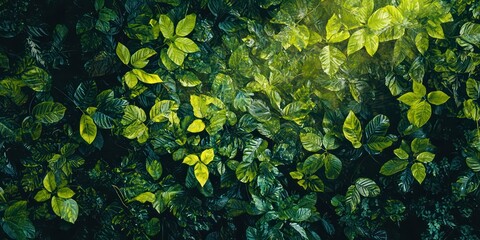A dense rainforest canopy with sunlight filtering through vibrant green leaves.