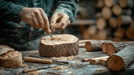 skilled artisan meticulously carves wooden block, surrounded by tools and wood shavings in rustic workshop. atmosphere is filled with creativity and craftsmanship