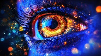 Close-up of a vibrant human eye with colorful sparkles and abstract lights in the background