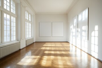 A Sunlit, Empty, Classic European Gallery Space, Radiating Tranquility and Potential.