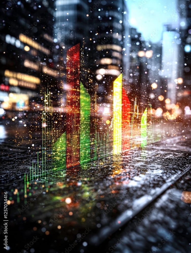 Poster digital financial candlestick chart with glowing graphics overlays cityscape at night, creating futu