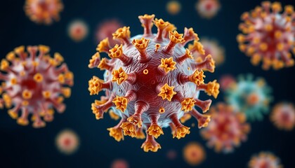 Detailed Coronavirus Rendering with Prominent Spike Proteins on Dark Background