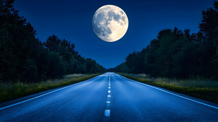 Night road, full moon, trees, journey