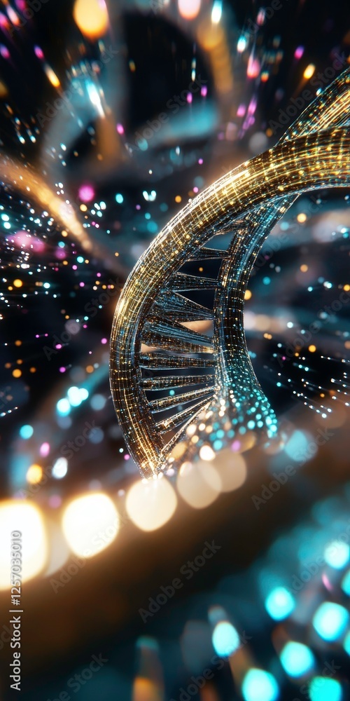 Poster glowing dna double helix in digital network, surrounded by sparkling particles, creates futuristic a