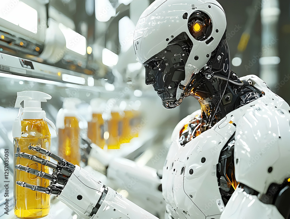Poster robot inspecting bottles on factory line
