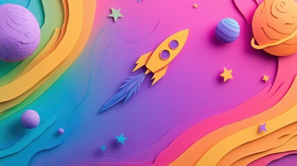 Colorful Paper Cut Art of Rocket Flying in Space with Planets