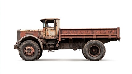 Obraz premium Rusty vintage truck, side profile, isolated white background, transportation, industrial