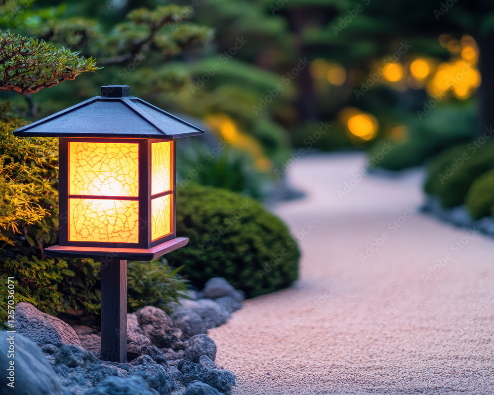 Poster serene zen garden path illuminated by soft lantern light, creating tranquil atmosphere