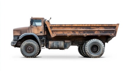 Fototapeta premium Rusty dump truck side view against white background. Possible use Industrial machinery, construction, or transportation stock image