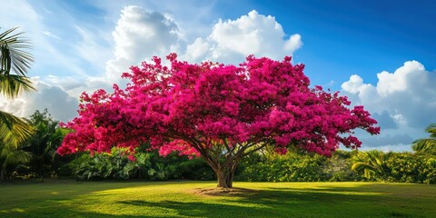 A large, vibrant tree with blooming flowers in a tropical setting.
