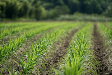 Fototapeta premium There is a field of green grass with a dirt path in the middle