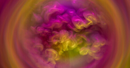 Art fluid. Paint haze. Pink purple golden sparkling dye wave explosion. Fantasy spill sand fog in water defocused round edge background.