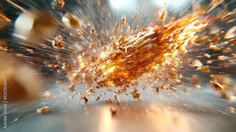 Poster dynamic explosion of golden particles radiates energy and light, creating mesmerizing visual effect.