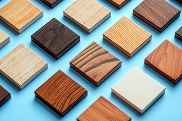 Fototapeta premium Set of square wooden samples on a blue background, flat design