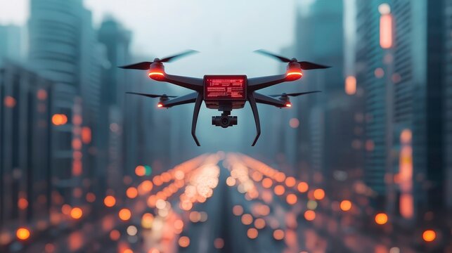 futuristic urban environment with drones flying over cityscape, showcasing advanced technology and innovation. scene captures essence of modern city life with blurred lights and tall buildings