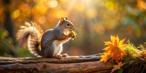 Squirrel with Autumn Leaves Enjoying a Meal at Sunrise