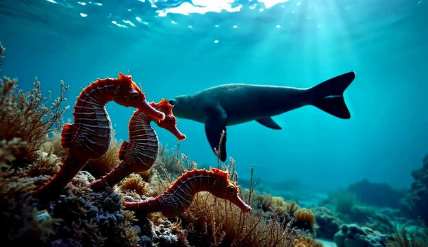Ocean Harmony: Seahorses and Marine Life in Tranquil Underwater Scene