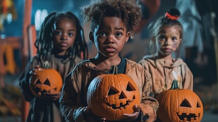 African American Halloween kids a university event with a detailed wish card and a dystopian background