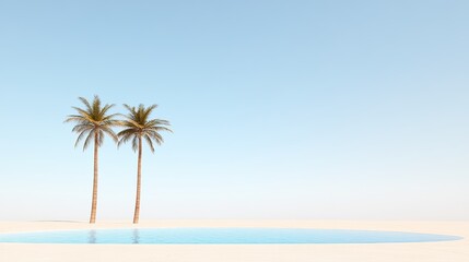 Obraz premium Serene tropical scene featuring two palm trees beside a tranquil pool under a clear sky