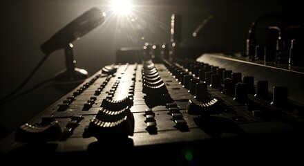 Illuminated audio mixing console in a dark studio setup for professionals