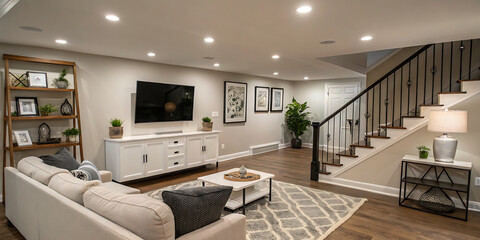 Cozy basement living room in modern farmhouse style with gray sectional sofa, floating shelves, large TV, and minimalist decor.
