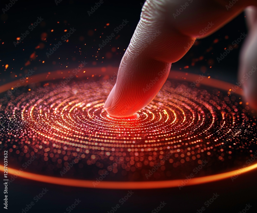 Poster finger pressing glowing digital interface with concentric circles and particles