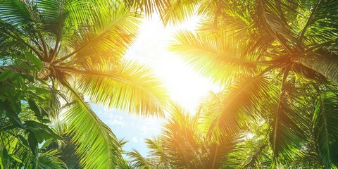 Obraz premium A lush green tropical forest with sunlight streaming through the canopy.