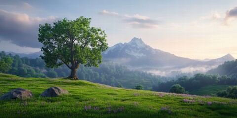 Serene Landscape with a Tree and Majestic Mountains in Background