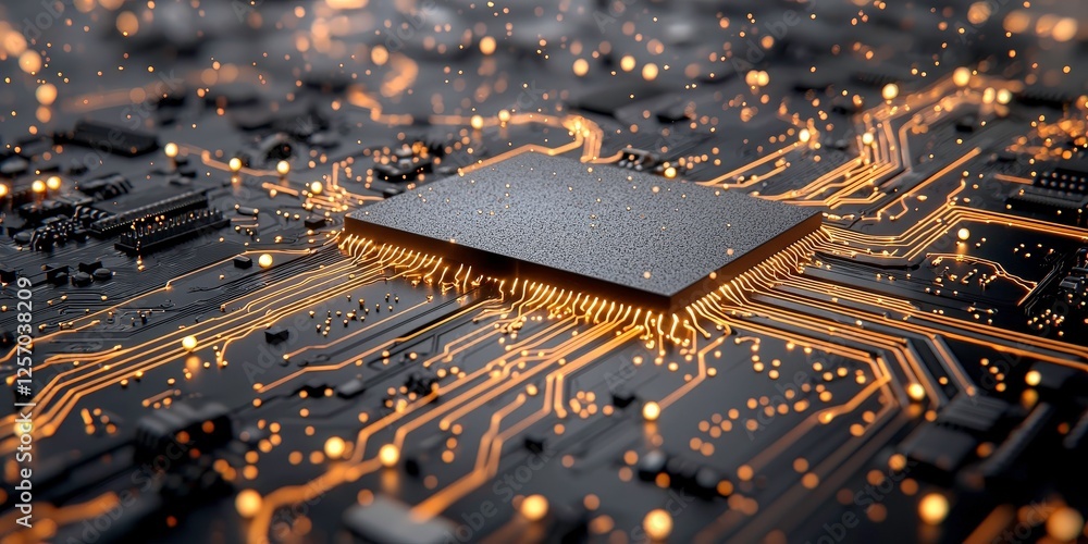 Poster highly detailed macro shot of sleek modern black microchip with glowing circuits, showcasing advance
