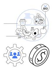 Healthy foods thumbs up fruits, vegetables, and grains bio-label emphasizing organic, eco-friendly products. Gear and group symbol for teamwork coin for economic value. Ideal for sustainability