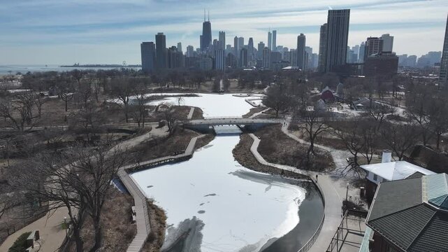 Lincoln Park At Chicago In Illinois United States. Downtown City. Leisure Park Landscape. Lincoln Park At Illinois United States. Metropolitan District. Winter Scenery.
