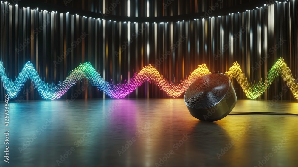 Poster high tech speaker emits vibrant soundwaves in futuristic room, creating dynamic and colorful atmosph